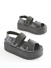 Black Extra Wide Fit Chunky Wedge Sandals - Image 1 of 6