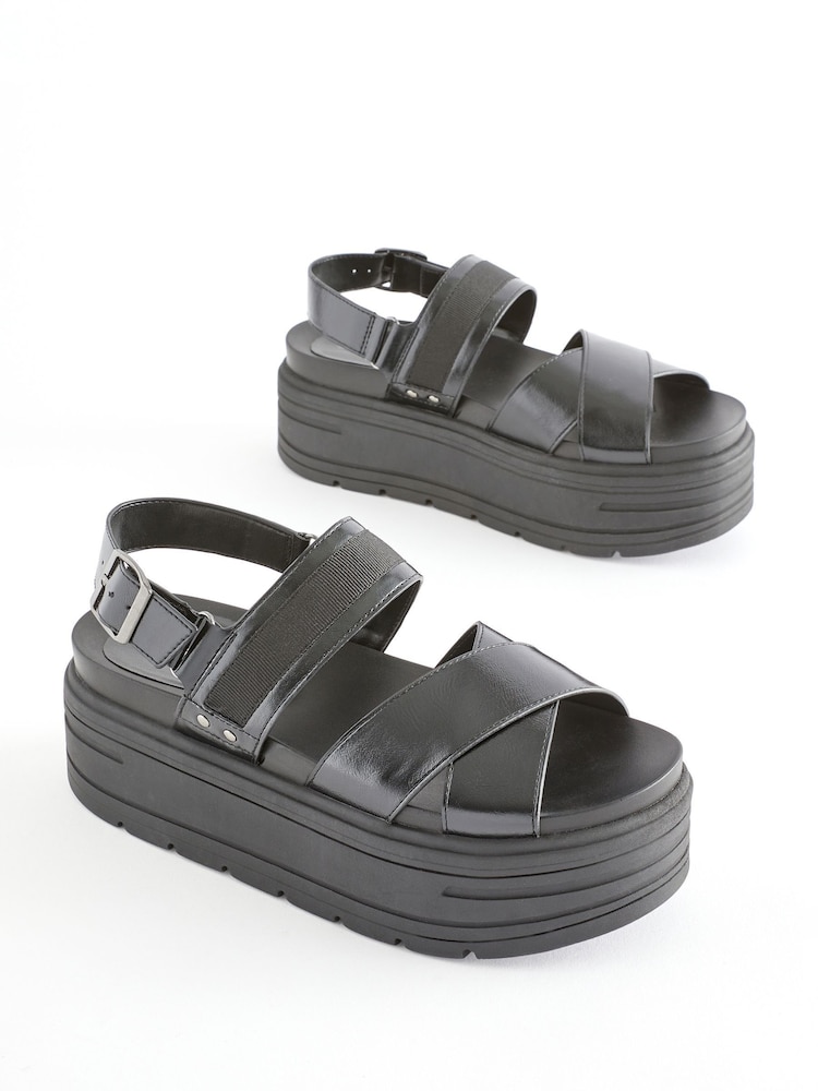 Black Extra Wide Fit Chunky Wedge Sandals - Image 1 of 6