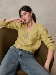Yellow Sparkle Bow Button Cable Knitted Cardigan - Image 1 of 6