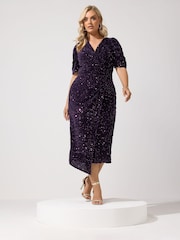 Yours Curve Purple London Sequin Velvet Wrap Maxi Dress - Image 2 of 6