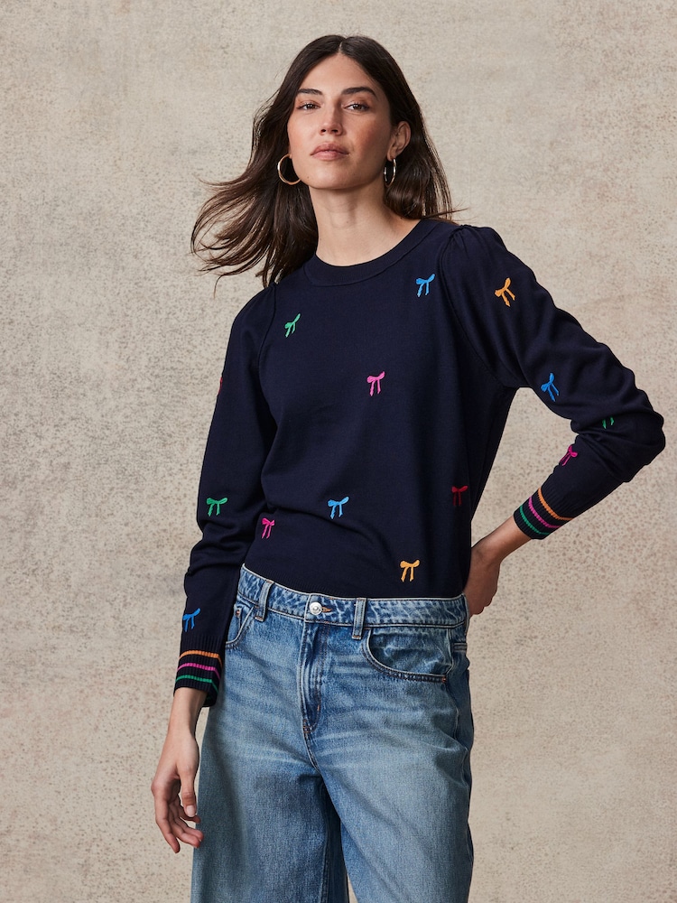 Marineblau mit Regenbogenschleifen - Langärmliger bestickter Pullover mit Rundhalsausschnitt - Bild 2 von 6