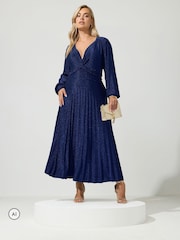 Yours Curve Blue London Metallic Pleated Knot Dress - Image 1 of 6