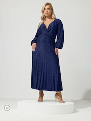 Yours Curve Blue London Metallic Pleated Knot Dress - Image 2 of 6