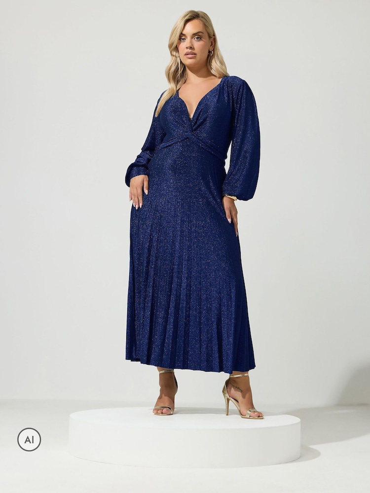 Yours Curve Blue London Metallic Pleated Knot Dress - Image 2 of 6