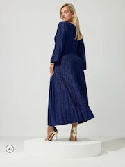 Yours Curve Blue London Metallic Pleated Knot Dress - Image 3 of 6