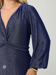 Yours Curve Blue London Metallic Pleated Knot Dress - Image 4 of 6