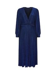Yours Curve Blue London Metallic Pleated Knot Dress - Image 5 of 6