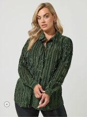 Yours Curve Green London Jacquard Textured Stripe Shirt - Image 1 of 6