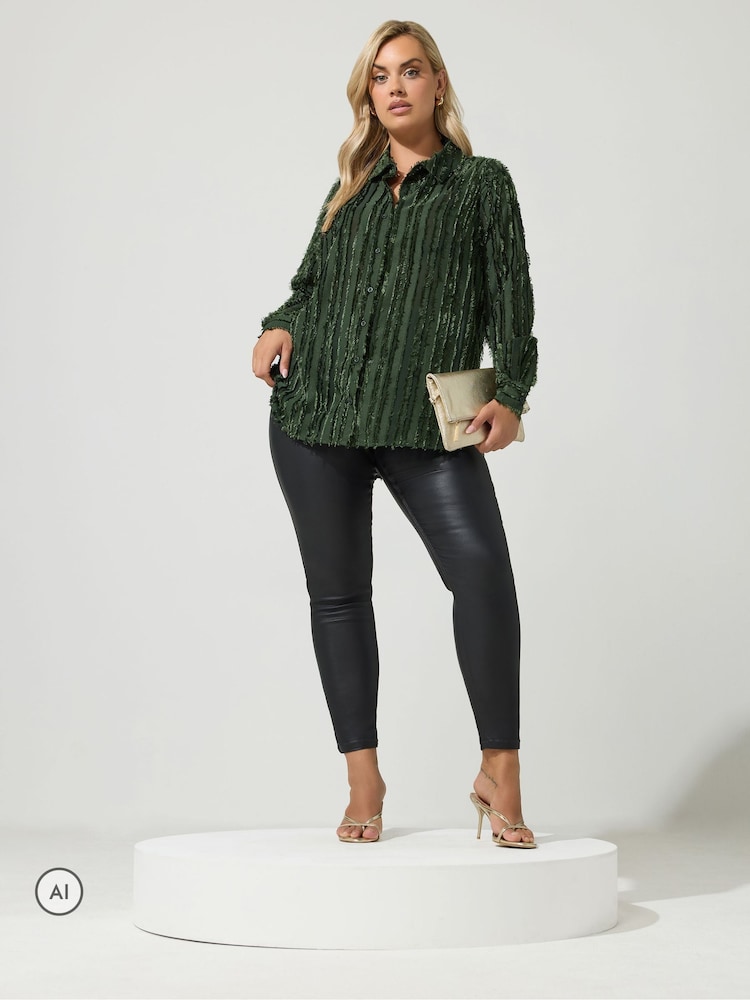 Yours Curve Green London Jacquard Textured Stripe Shirt - Image 2 of 6 Yours Curve Green London Jacquard Textured Stripe Shirt - Image 2 of 6