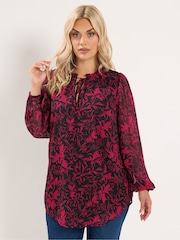 Yours Curve Red Frill Neck Floral Print Blouse - Image 1 of 7