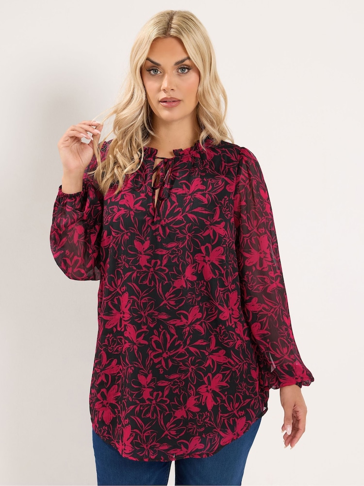 Yours Curve Red Frill Neck Floral Print Blouse - Image 1 of 7 Yours Curve Red Frill Neck Floral Print Blouse - Image 1 of 7