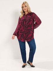 Yours Curve Red Frill Neck Floral Print Blouse - Image 2 of 7