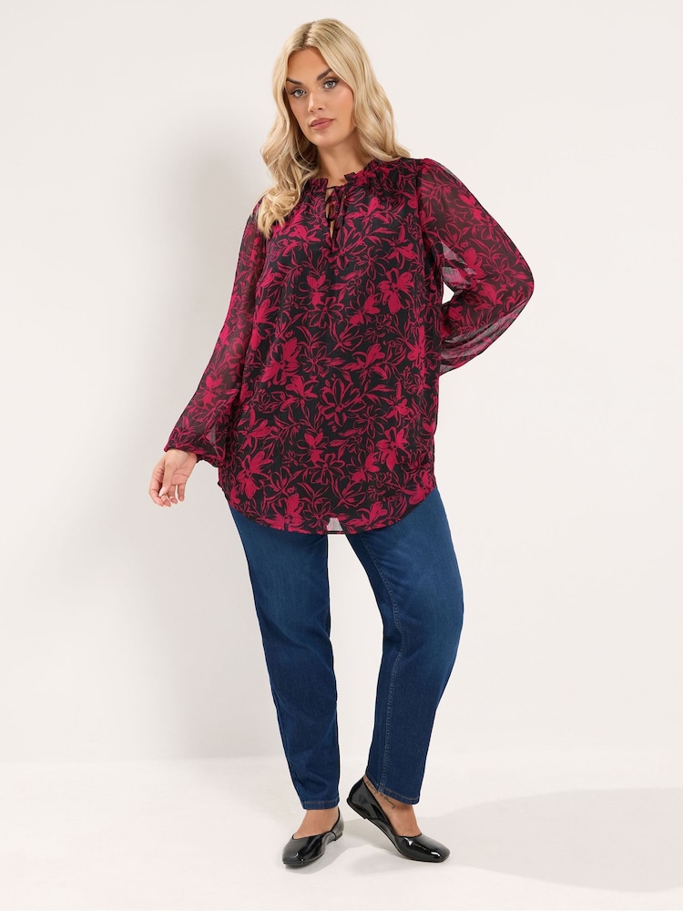 Yours Curve Red Frill Neck Floral Print Blouse - Image 2 of 7 Yours Curve Red Frill Neck Floral Print Blouse - Image 2 of 7