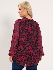 Yours Curve Red Frill Neck Floral Print Blouse - Image 3 of 7