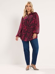 Yours Curve Red Frill Neck Floral Print Blouse - Image 5 of 7