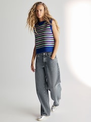 Multi Stripe Sleeveless Crew Neck Knitted Jumper Tank Vest Top with Wool - Image 2 of 7