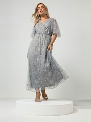 Yours Curve Silver London Celestial Sequin Mesh Maxi Dress - Image 1 of 6