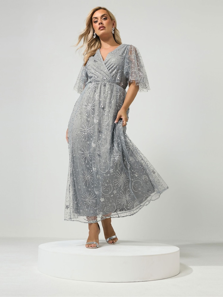 Yours Curve Silver London Celestial Sequin Mesh Maxi Dress - Image 1 of 6