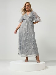 Yours Curve Silver London Celestial Sequin Mesh Maxi Dress - Image 2 of 6