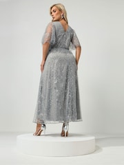 Yours Curve Silver London Celestial Sequin Mesh Maxi Dress - Image 3 of 6
