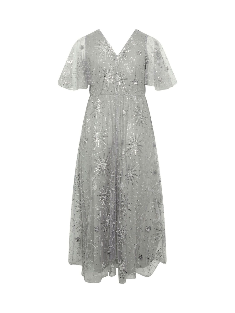 Yours Curve Silver London Celestial Sequin Mesh Maxi Dress - Image 6 of 6
