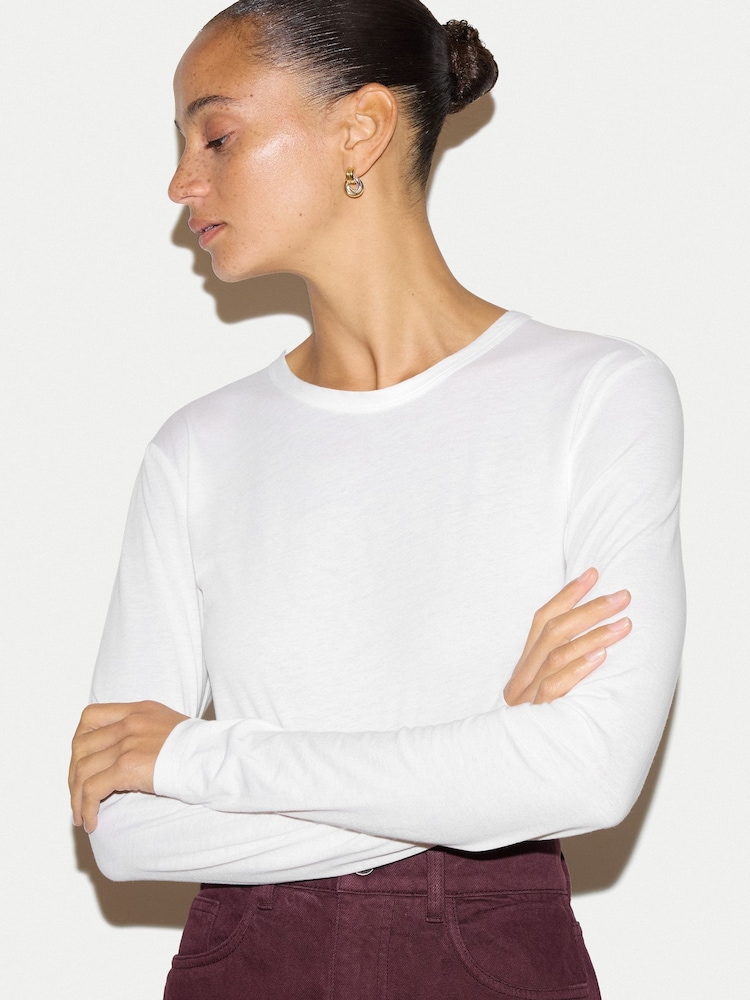 Jigsaw White Cotton Crew Neck Long Sleeve T-Shirt - Image 2 of 5 Jigsaw White Cotton Crew Neck Long Sleeve T-Shirt - Image 2 of 5