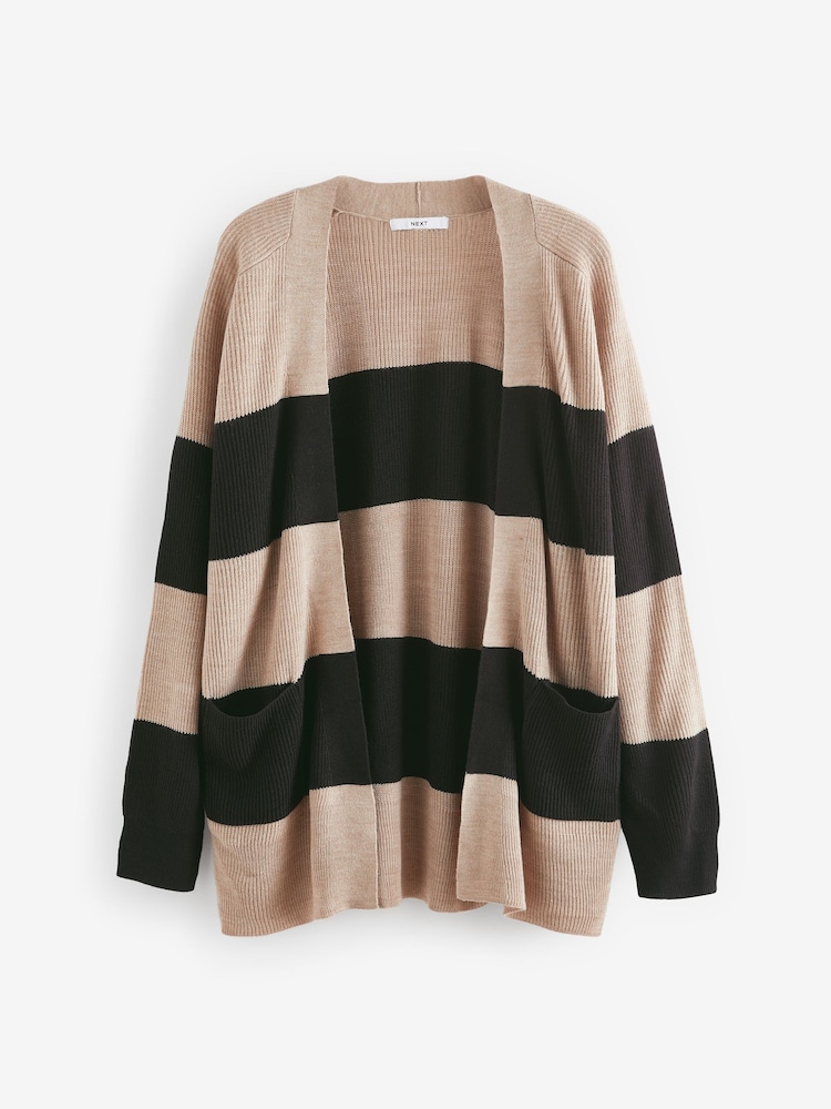 črna in Camel rjava črtast; progast - Soft Touch Cosy Knit Longline pletena jopa - Slika 1 iz 2