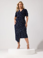 Yours Curve Blue London Sequin Velvet Wrap Maxi Dress - Image 1 of 6