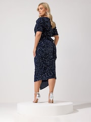 Yours Curve Blue London Sequin Velvet Wrap Maxi Dress - Image 3 of 6