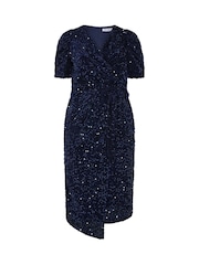 Yours Curve Blue London Sequin Velvet Wrap Maxi Dress - Image 5 of 6