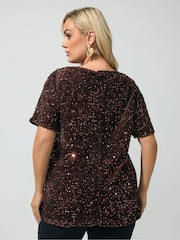 Yours Curve Brown Sequin Velvet T-Shirt - Image 3 of 6