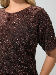 Yours Curve Brown Sequin Velvet T-Shirt - Image 4 of 6