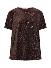 Yours Curve Brown Sequin Velvet T-Shirt - Image 5 of 6
