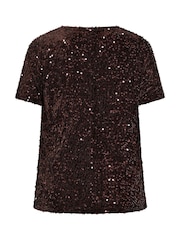 Yours Curve Brown Sequin Velvet T-Shirt - Image 6 of 6