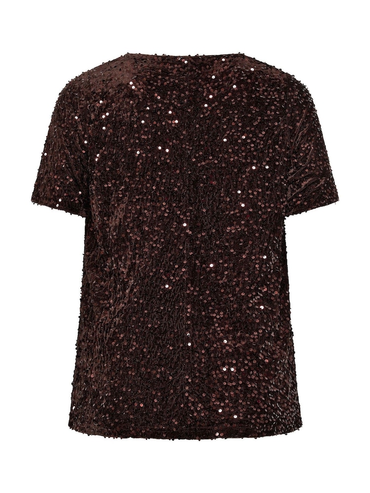 Yours Curve Brown Sequin Velvet T-Shirt - Image 6 of 6 Yours Curve Brown Sequin Velvet T-Shirt - Image 6 of 6