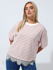 Yours Curve Pink Limited Stripe Lace Hem T-Shirt - Image 1 of 6