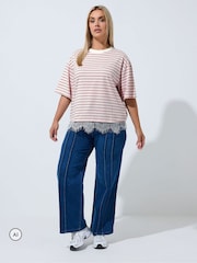 Yours Curve Pink Limited Stripe Lace Hem T-Shirt - Image 2 of 6