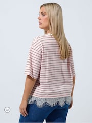 Yours Curve Pink Limited Stripe Lace Hem T-Shirt - Image 3 of 6