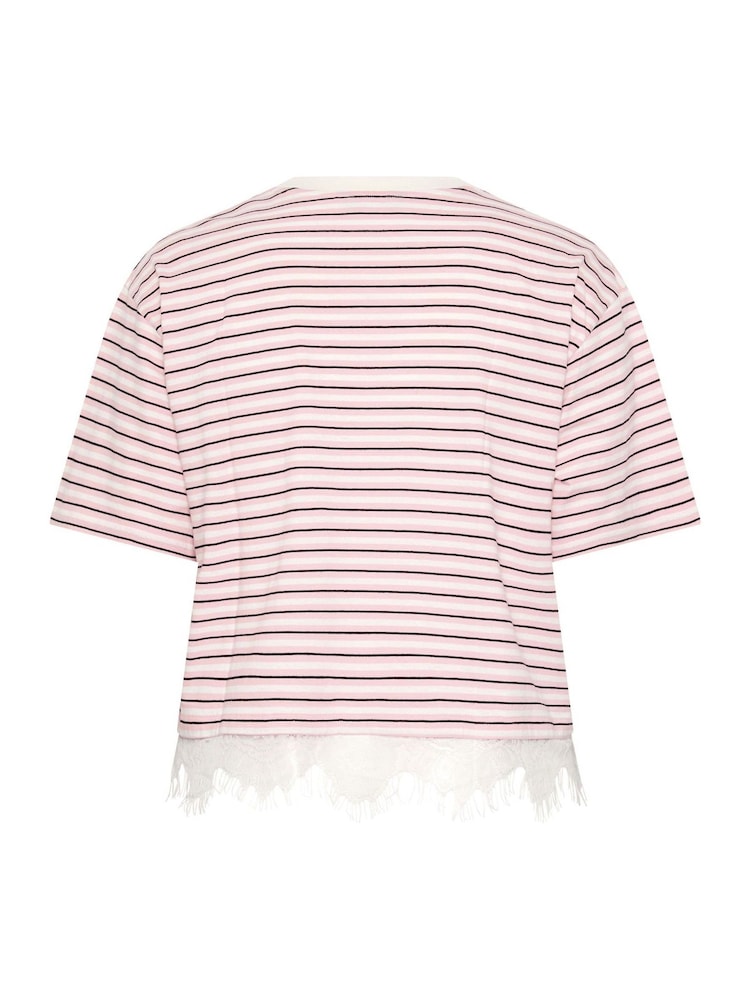 Yours Curve Pink Limited Stripe Lace Hem T-Shirt - Image 6 of 6