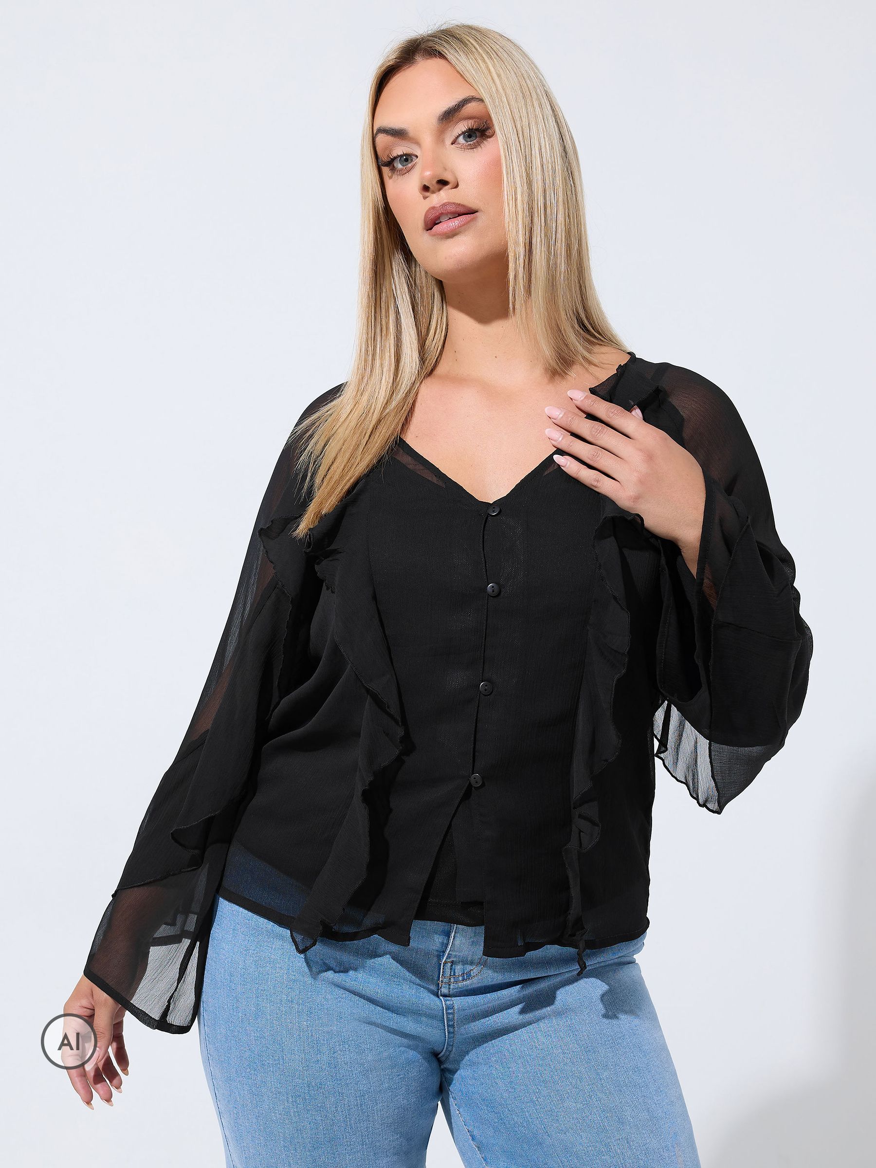 Buy Yours Curve Black Waterfall Ruffle Blouse from Next USA