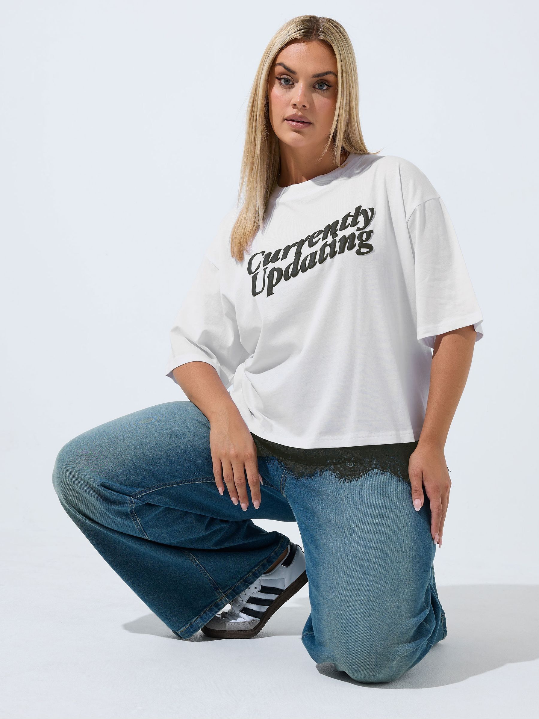 Limited Collection White Yours Curve Currently Upgrading Slogan Lace Hem Top - Image 3