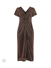 Yours Curve Brown Metallic Thread Knot Dress - Image 5 of 6