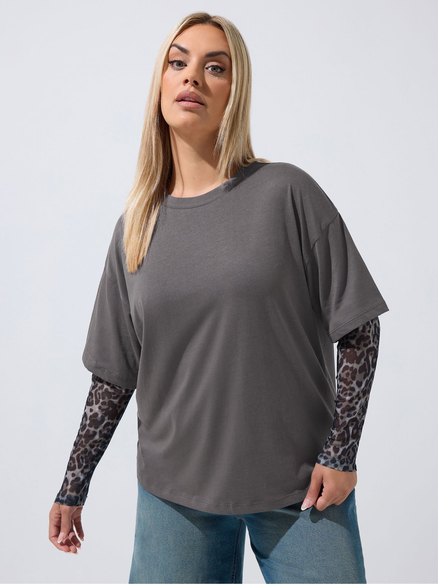 Yours Women's Grey 2-In-1 Leopard Mesh Sleeve T-Shirt In | : 26/28 - Image 6