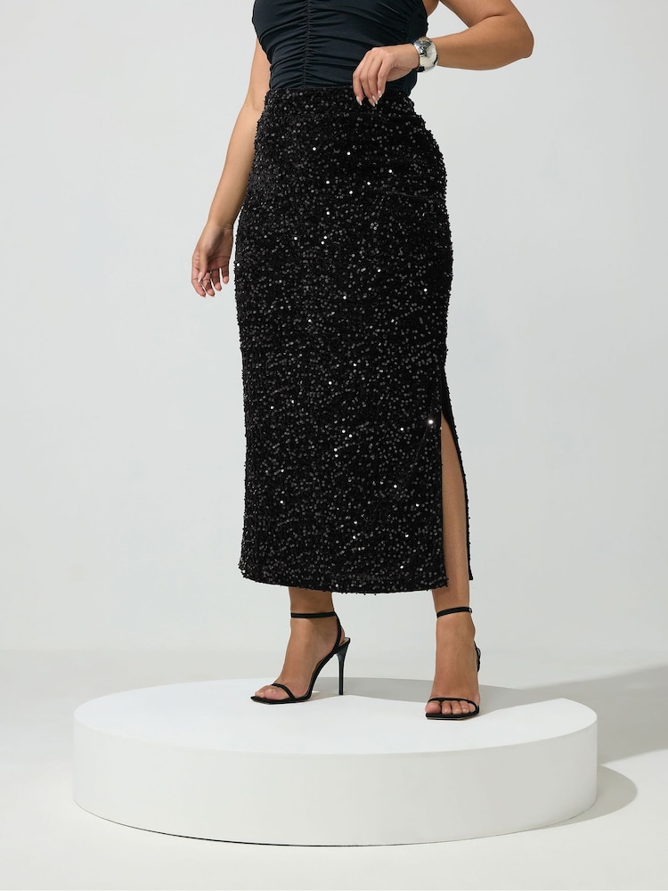Yours Curve Black Sequin Velvet Maxi Skirt - Image 1 of 6 Yours Curve Black Sequin Velvet Maxi Skirt - Image 1 of 6