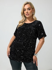 Yours Curve Black Sequin Velvet T-Shirt - Image 1 of 6
