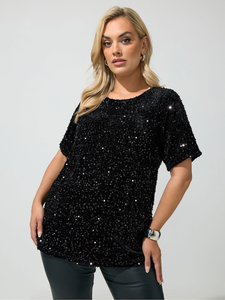 Yours Curve Black Sequin Velvet T-Shirt - Image 1 of 6