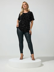Yours Curve Black Sequin Velvet T-Shirt - Image 2 of 6