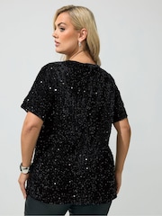 Yours Curve Black Sequin Velvet T-Shirt - Image 3 of 6