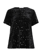 Yours Curve Black Sequin Velvet T-Shirt - Image 5 of 6