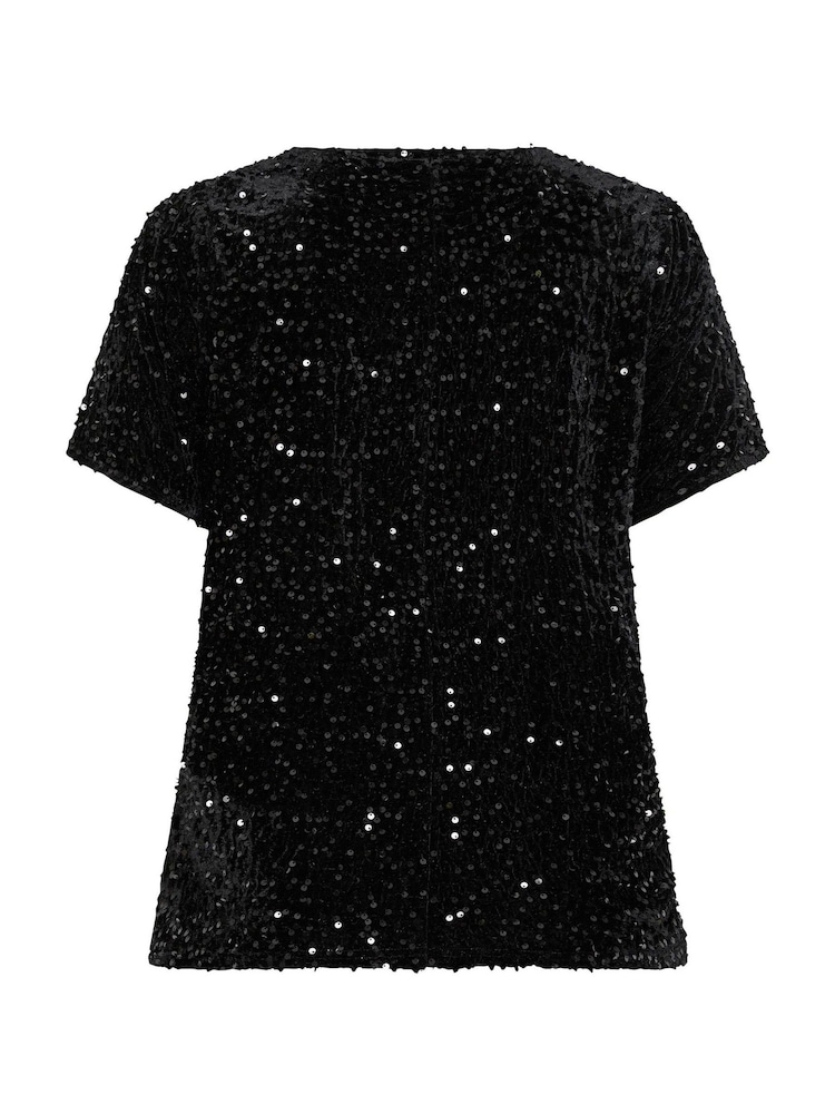 Yours Curve Black Sequin Velvet T-Shirt - Image 6 of 6